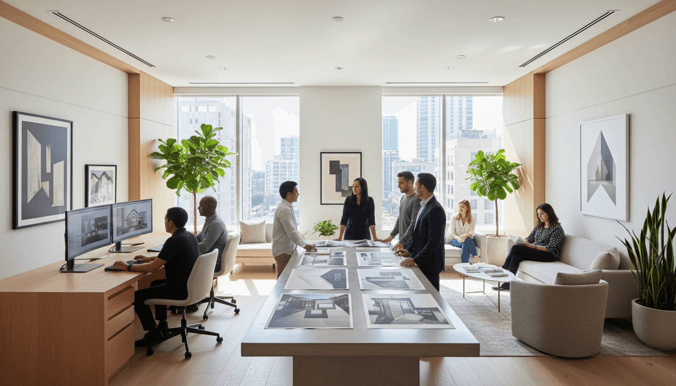 Modern luxury digital agency workspace with minimalist aesthetic and professional design elements